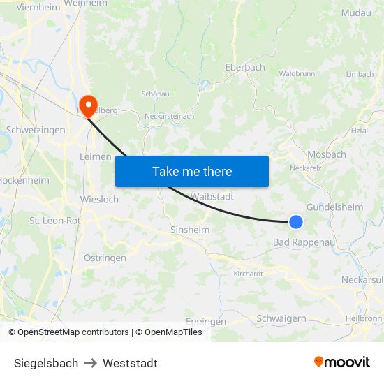 Siegelsbach to Weststadt map