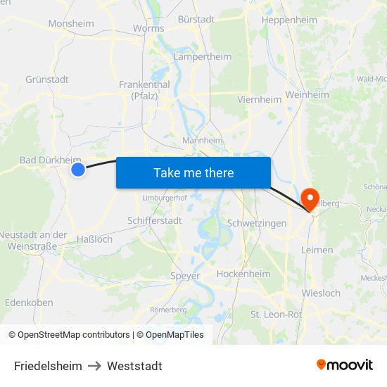 Friedelsheim to Weststadt map