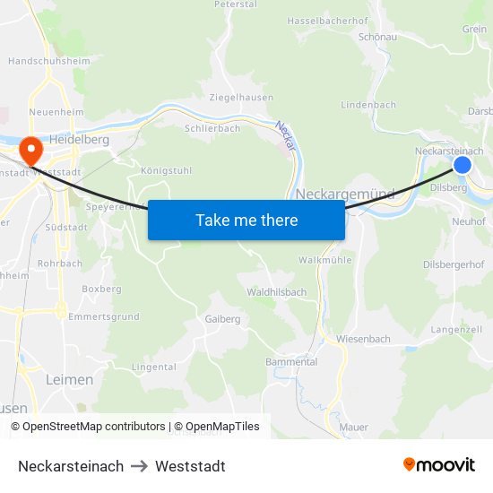 Neckarsteinach to Weststadt map