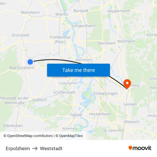 Erpolzheim to Weststadt map