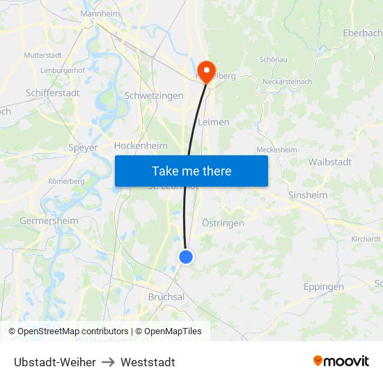 Ubstadt-Weiher to Weststadt map