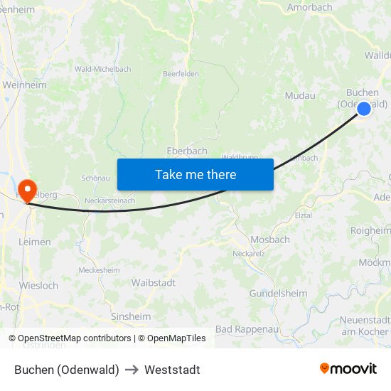 Buchen (Odenwald) to Weststadt map