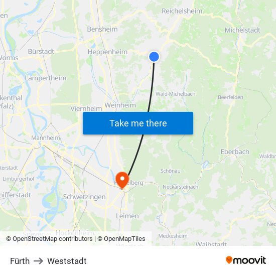 Fürth to Weststadt map