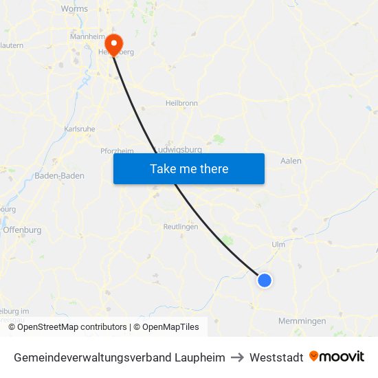 Gemeindeverwaltungsverband Laupheim to Weststadt map