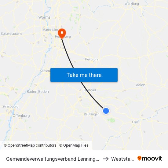 Gemeindeverwaltungsverband Lenningen to Weststadt map