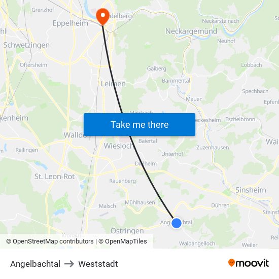 Angelbachtal to Weststadt map