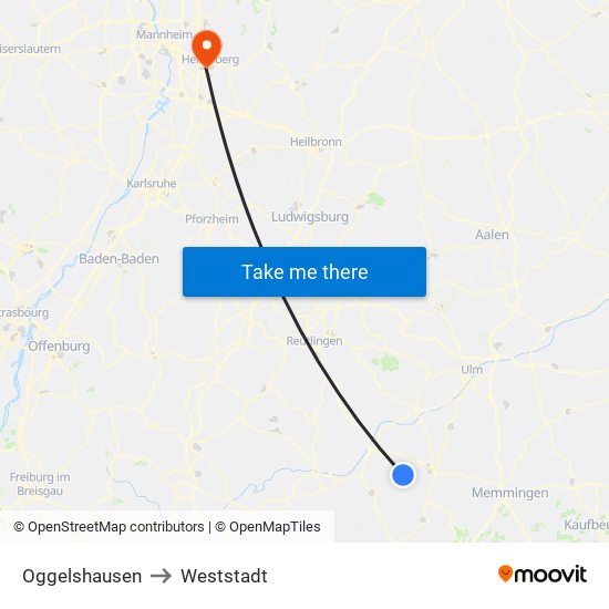 Oggelshausen to Weststadt map
