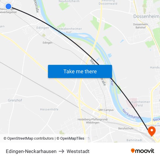Edingen-Neckarhausen to Weststadt map