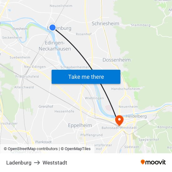 Ladenburg to Weststadt map