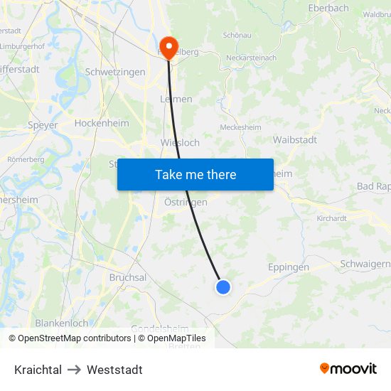 Kraichtal to Weststadt map