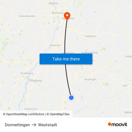 Dormettingen to Weststadt map