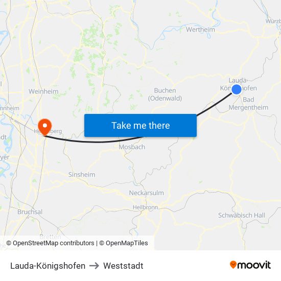 Lauda-Königshofen to Weststadt map