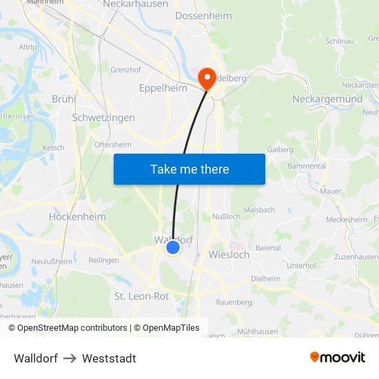 Walldorf to Weststadt map