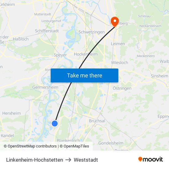 Linkenheim-Hochstetten to Weststadt map