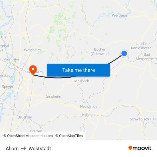 Ahorn to Weststadt map