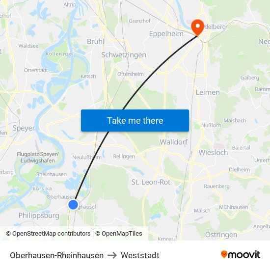 Oberhausen-Rheinhausen to Weststadt map