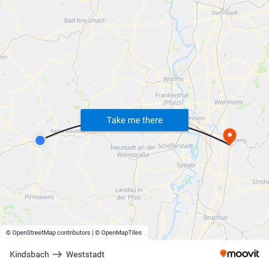 Kindsbach to Weststadt map