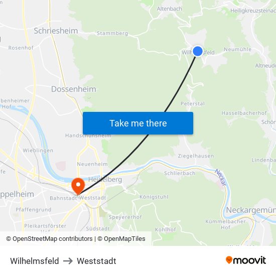 Wilhelmsfeld to Weststadt map