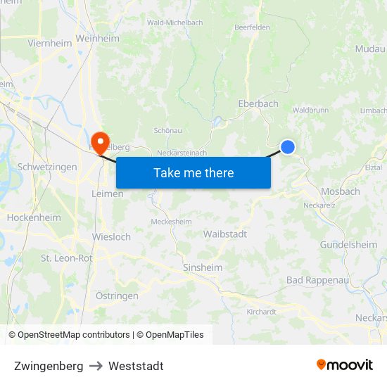 Zwingenberg to Weststadt map