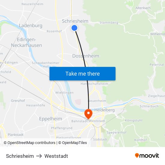 Schriesheim to Weststadt map