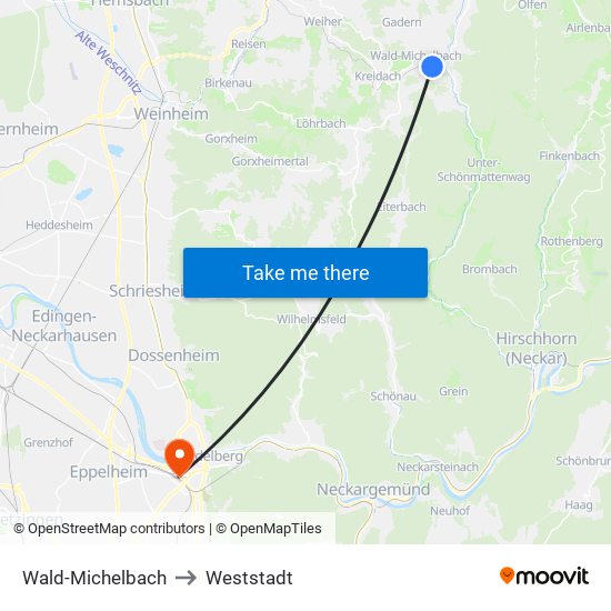 Wald-Michelbach to Weststadt map