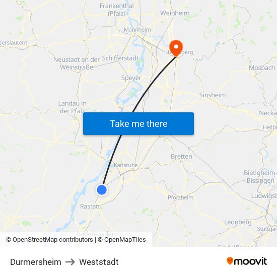 Durmersheim to Weststadt map