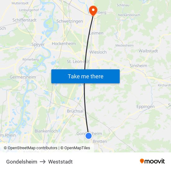 Gondelsheim to Weststadt map