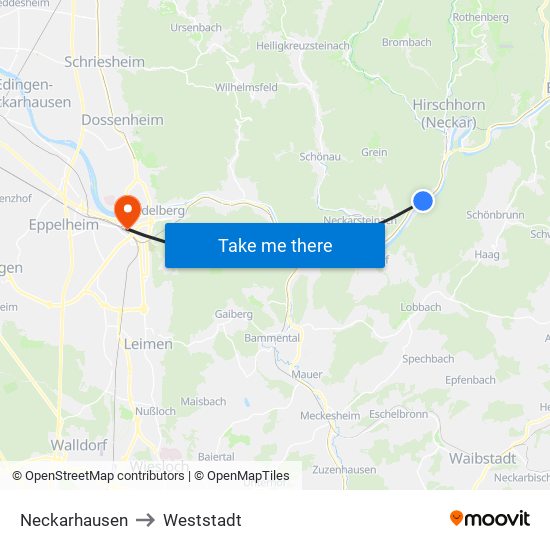 Neckarhausen to Weststadt map