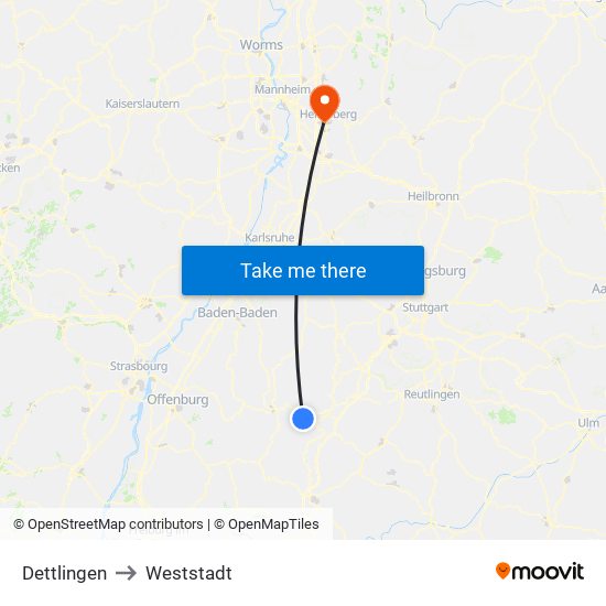 Dettlingen to Weststadt map