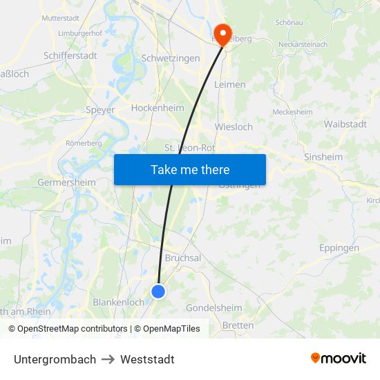 Untergrombach to Weststadt map