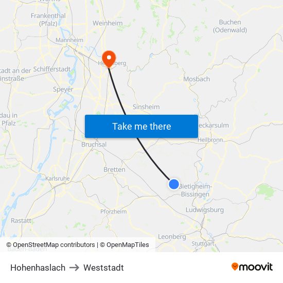 Hohenhaslach to Weststadt map