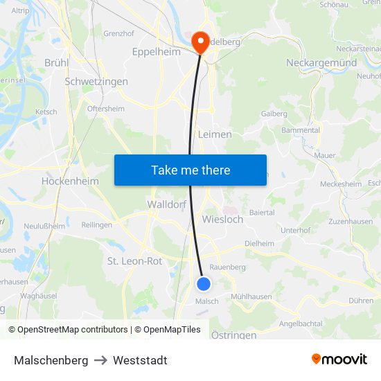 Malschenberg to Weststadt map