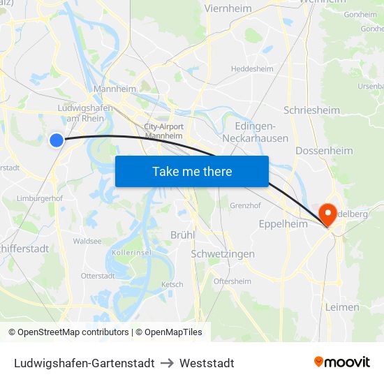 Ludwigshafen-Gartenstadt to Weststadt map