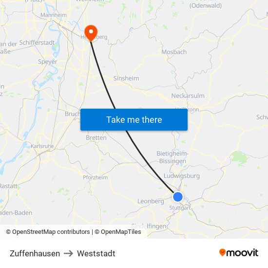 Zuffenhausen to Weststadt map