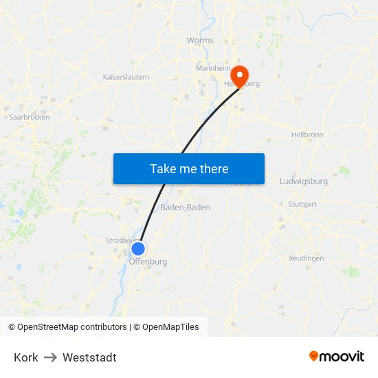 Kork to Weststadt map