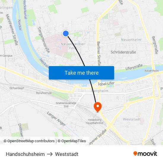 Handschuhsheim to Weststadt map
