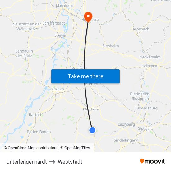 Unterlengenhardt to Weststadt map