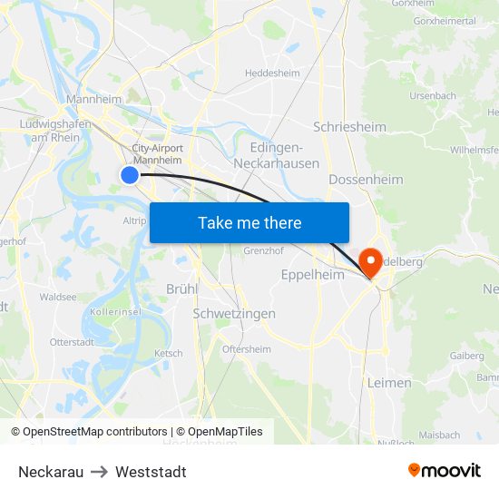 Neckarau to Weststadt map