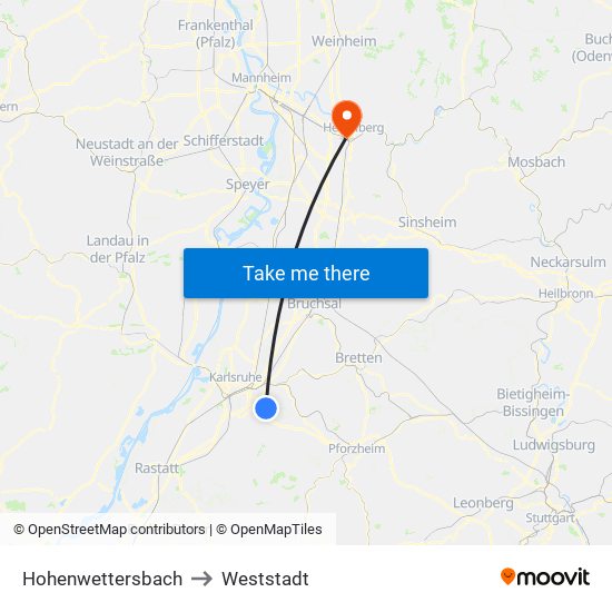 Hohenwettersbach to Weststadt map