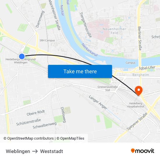 Wieblingen to Weststadt map