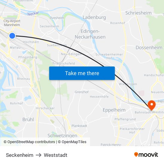Seckenheim to Weststadt map