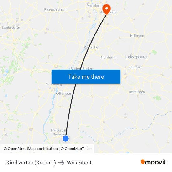 Kirchzarten (Kernort) to Weststadt map
