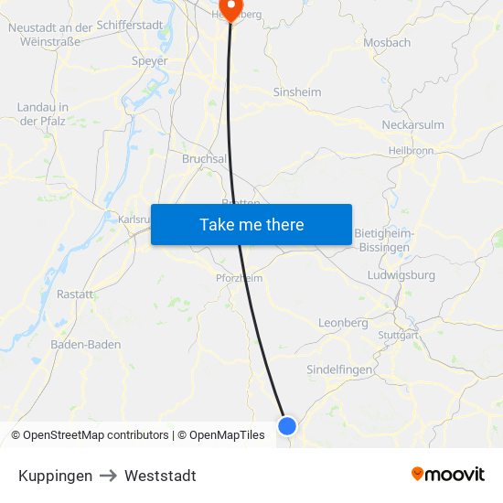 Kuppingen to Weststadt map