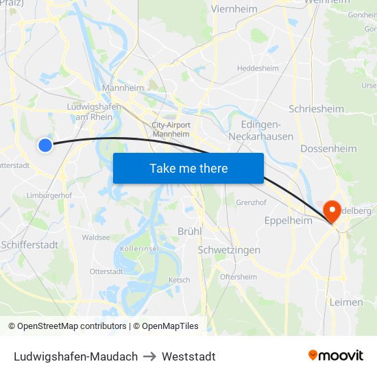 Ludwigshafen-Maudach to Weststadt map