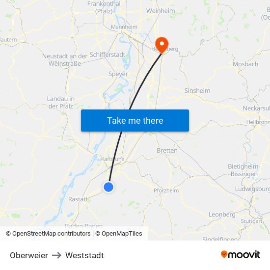 Oberweier to Weststadt map