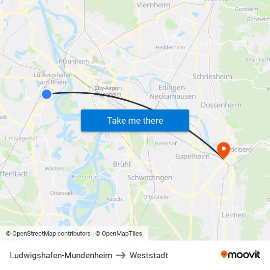 Ludwigshafen-Mundenheim to Weststadt map