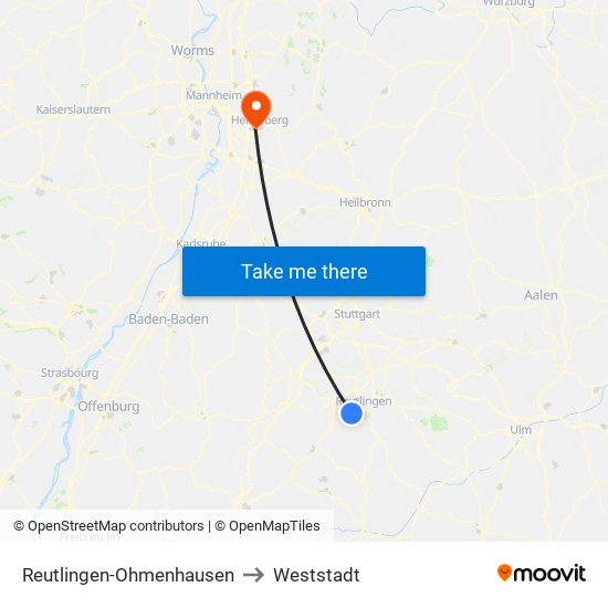 Reutlingen-Ohmenhausen to Weststadt map