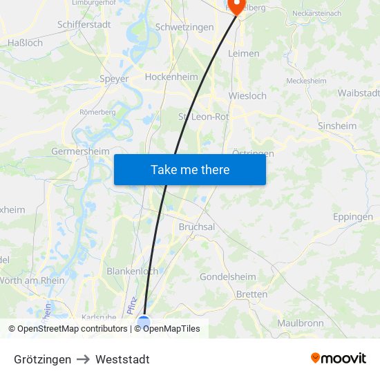 Grötzingen to Weststadt map