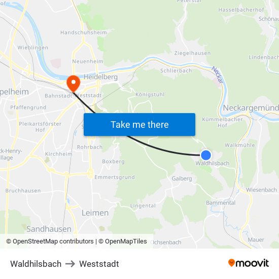 Waldhilsbach to Weststadt map