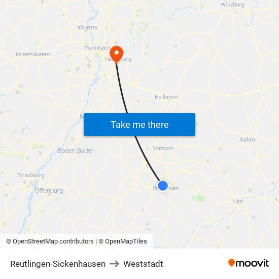 Reutlingen-Sickenhausen to Weststadt map